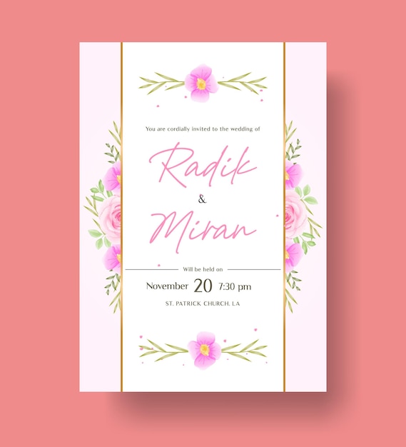 Hermoso y elegante diseño de tarjeta de invitación de boda en acuarela con rosas y hojas