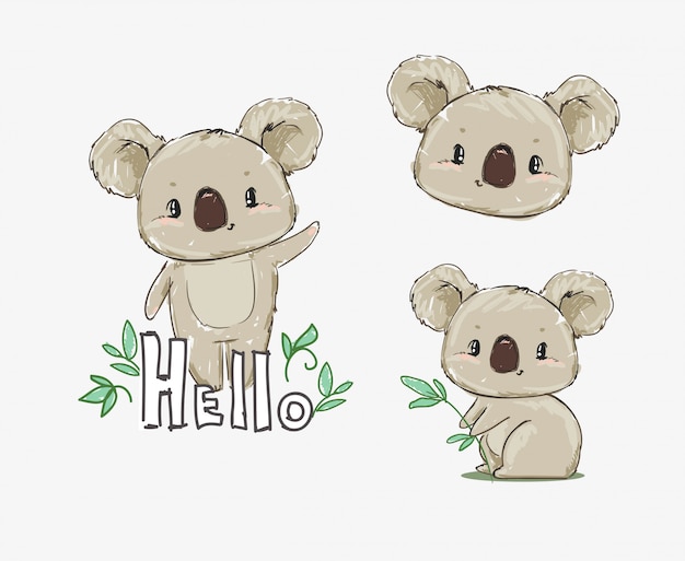 Hermoso estampado infantil lindo conjunto con koala. Boceto dibujado a mano animal koala ilustración.