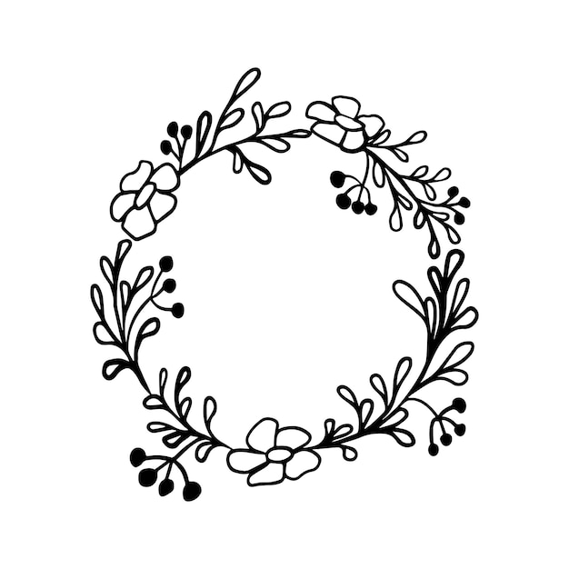 Hermoso estilo lineal guirnalda floral aislado en blanco ilustración vectorial Marco dibujado a mano