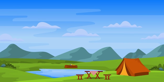 Hermoso fondo de camping con campamentos y colinas.