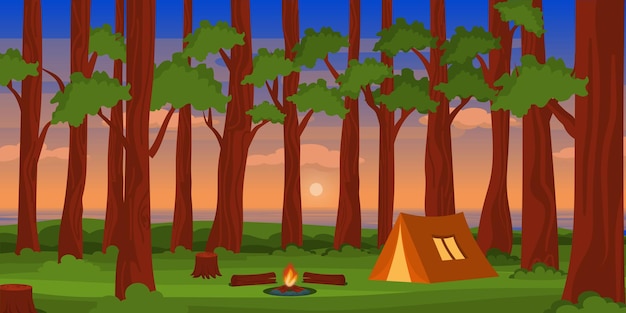 Hermoso fondo de camping con campamentos y colinas.