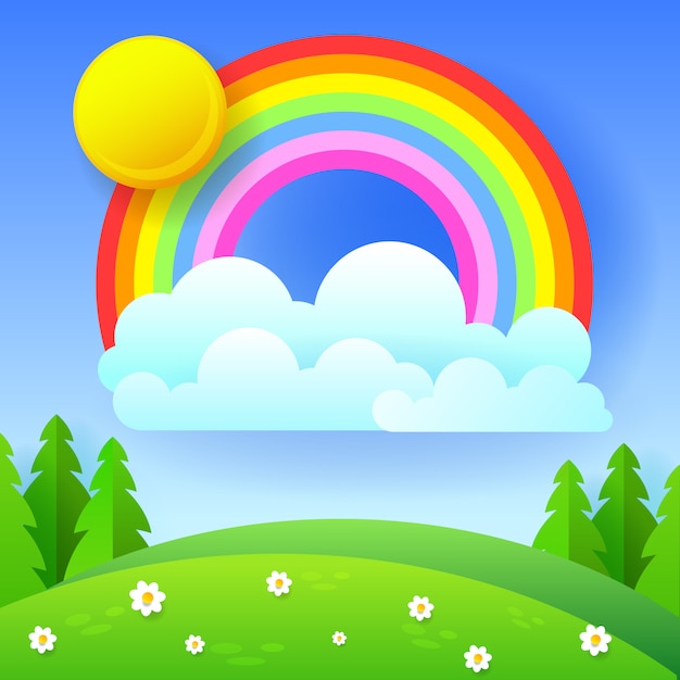 Hermoso fondo estacional con brillante arco iris, flores en la hierba.