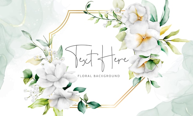 Vector hermoso fondo floral acuarela con hojas verdes y flor blanca