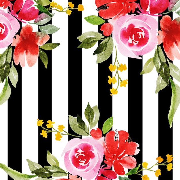 Hermoso fondo floral acuarela con rayas