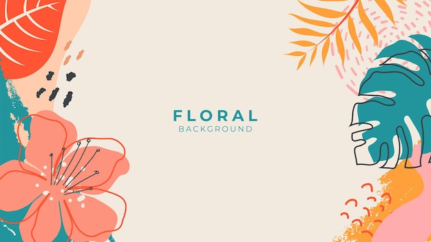 Hermoso fondo floral colorido con hojas tropicales, textura de pincel y flores