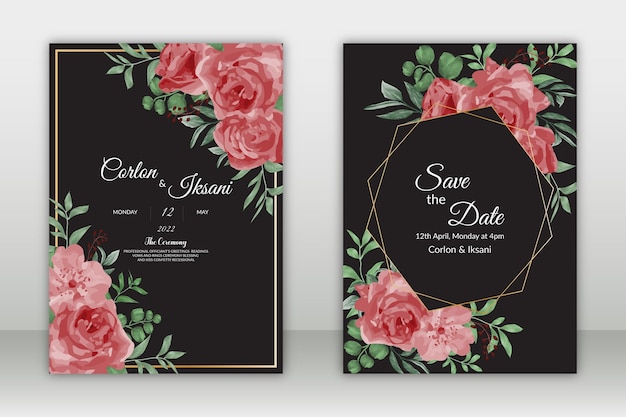 Hermoso fondo de invitación de boda floral acuarela dibujada a mano con plantilla de texto de muestra