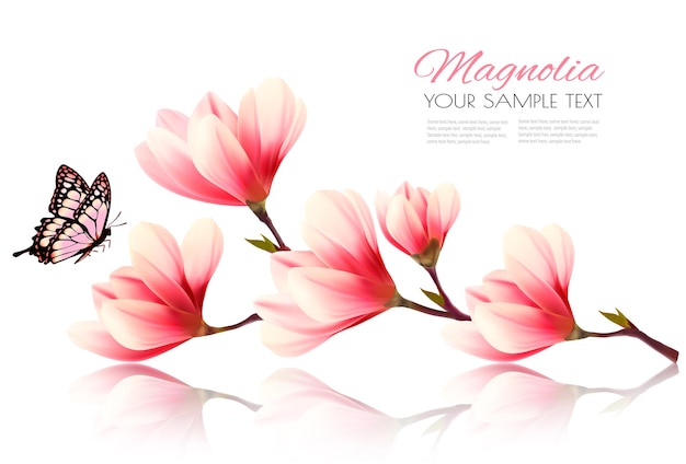 Hermoso fondo de magnolia rosa con mariposa. vector.