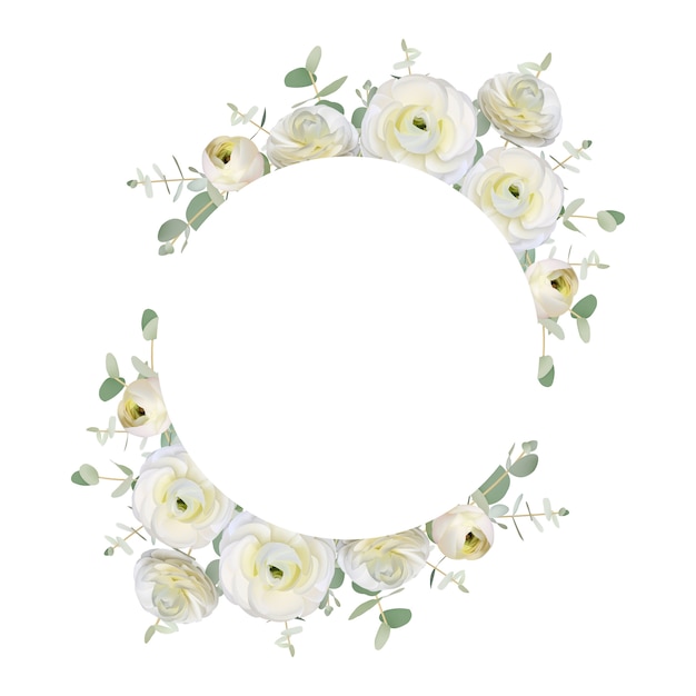 Vector hermoso fondo de marco de amor con flores de ranúnculo blanco floral