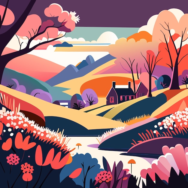 Vector hermoso fondo de naturaleza de paisaje de primavera