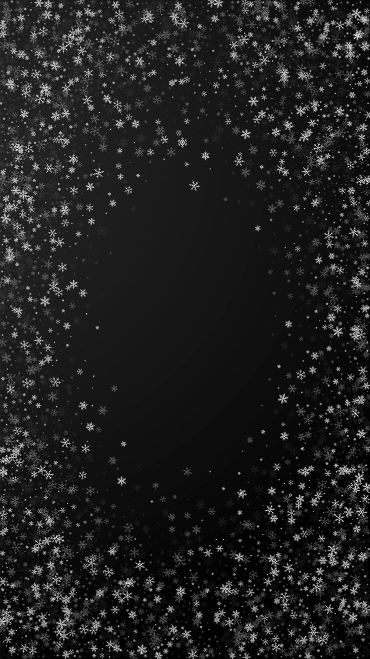 Vector hermoso fondo de navidad nevadas. sutiles copos de nieve voladores y estrellas sobre fondo negro. plantilla de superposición de copo de nieve de plata de invierno real. ilustración vertical delicada.