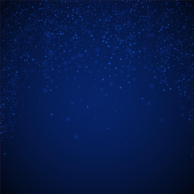 Hermoso fondo de Navidad de nieve brillante. Sutiles copos de nieve voladores y estrellas sobre fondo azul oscuro de la noche. Plantilla de superposición de copo de nieve de plata de invierno admirable. Ilustración vectorial eminente.