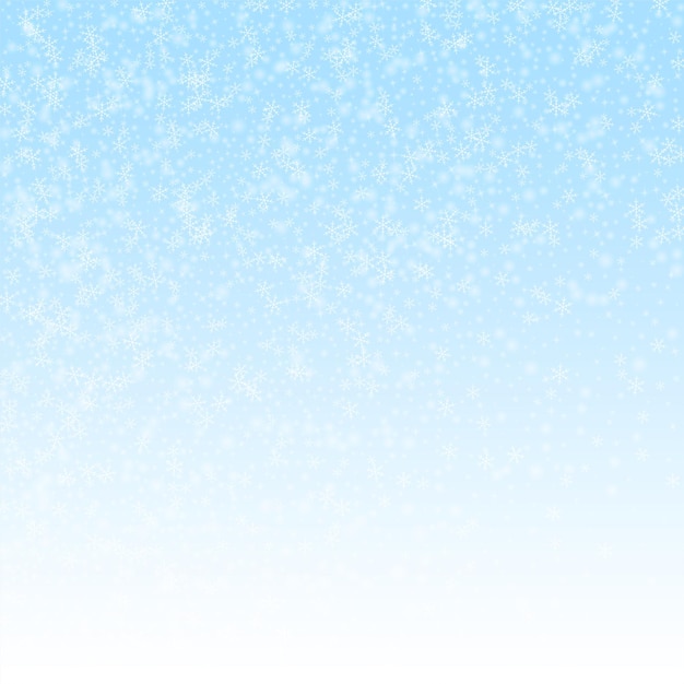 Hermoso fondo de Navidad de nieve que brilla intensamente. Sutiles copos de nieve voladores y estrellas sobre fondo de cielo de invierno. Impresionante plantilla de superposición de copo de nieve de plata de invierno. Ilustración vectorial rara.