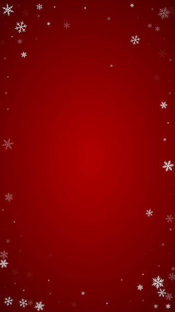 Hermoso fondo navideño de nevadas Sutiles copos de nieve voladores y estrellas sobre fondo rojo navideño Hermosa plantilla de superposición de nevadas Ilustración vectorial vertical