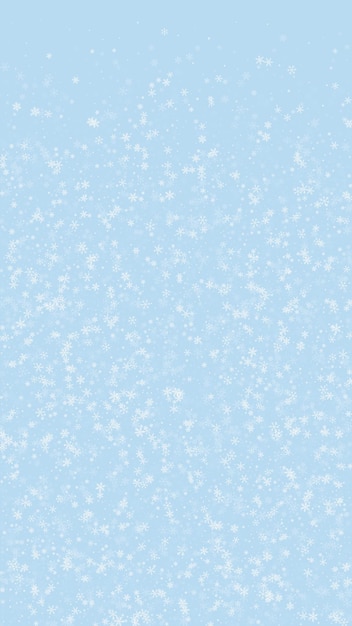 Hermoso fondo de nieve de Navidad Sutilmente volando copos de nieve y estrellas en un fondo azul claro de invierno Hermosa plantilla de superposición de nieve Ilustración vectorial vertical