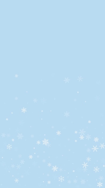 Hermoso fondo de nieve de Navidad Sutilmente volando copos de nieve y estrellas en un fondo azul claro de invierno Hermosa plantilla de superposición de nieve Ilustración vectorial vertical