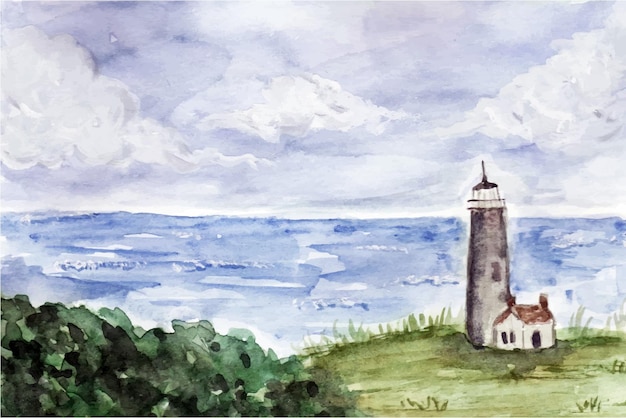 un hermoso fondo de pintura de acuarela de paisaje de mar y faro