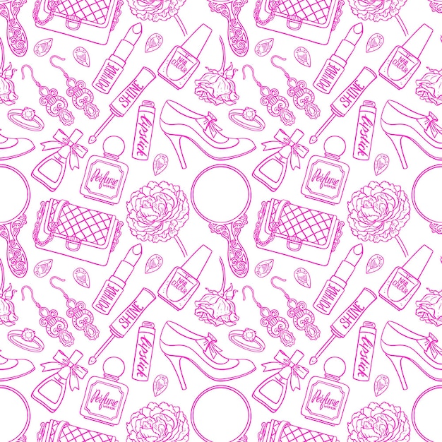 Vector hermoso fondo rosa transparente de cosas femeninas. ilustración dibujada a mano