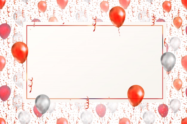 Hermoso fondo con serpentina roja brillante, confeti y globos en blanco