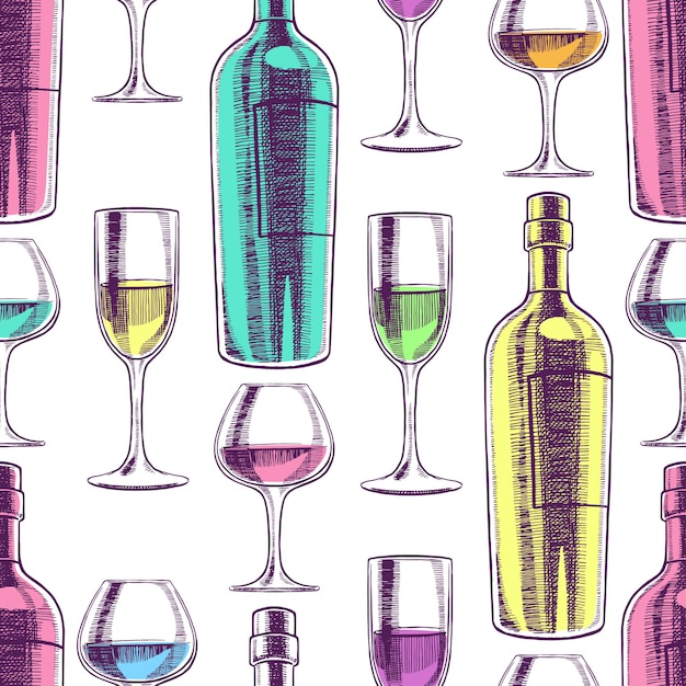 Hermoso fondo transparente de botellas de vino y vasos. Ilustración dibujada a mano