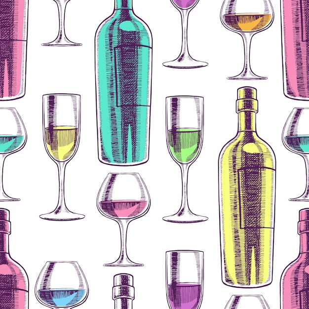 Hermoso fondo transparente de botellas de vino y vasos. ilustración dibujada a mano