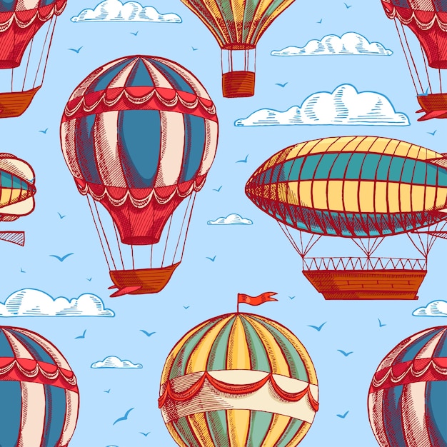 Hermoso fondo transparente colorido retro con globos y dirigibles volando al cielo nublado