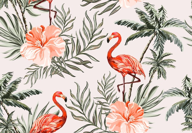 Hermoso fondo tropical de patrones sin fisuras con palmeras de coco flamingo hibisco aislado