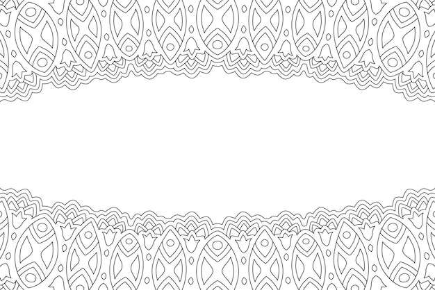 Hermoso fondo de vector lineal monocromático para la página del libro de colorear para adultos con borde tribal abstracto y espacio de copia en blanco