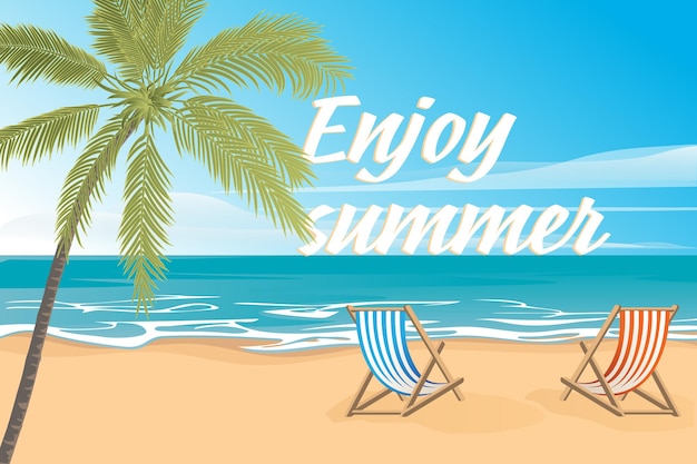 Vector hermoso fondo de verano con playa. playa, mar, palmeras. antecedentes vectoriales. silla de playa.