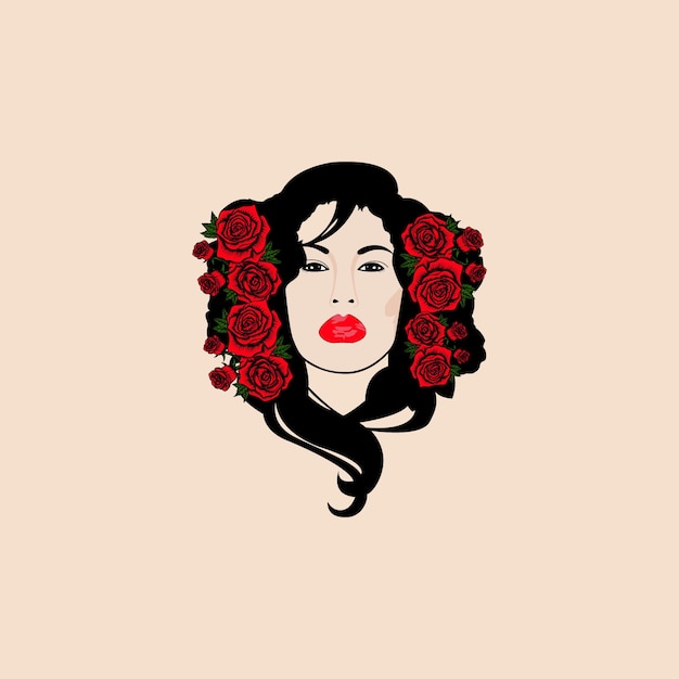 Hermoso glamour hermosa cabeza de chica y logotipo de concepto de flor roja