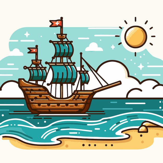 Vector hermoso gran barco viejo en el mar ilustración vectorial de la hermosa naturaleza con el océano