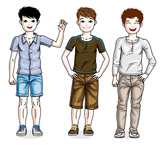 Hermoso grupo de jóvenes adolescentes posando con ropa informal elegante. conjunto de ilustraciones para niños de diversidad vectorial.