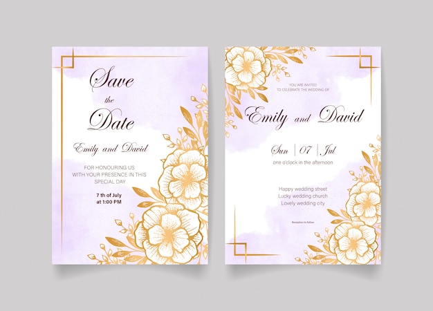 Hermoso guardar la tarjeta de fecha y tarjeta de invitación de boda con flores doradas, hojas, fondo de acuarela y ramas. Invitación de boda feliz ¡Ideal para ceremonia de boda y matrimonio feliz!