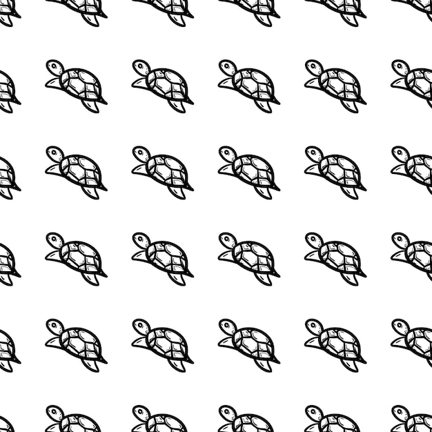 Hermoso icono de tortuga de patrones sin fisuras de moda dibujada a mano. Boceto negro dibujado a mano. Signo / símbolo / garabato. Aislado sobre fondo blanco. Diseño plano. Ilustración vectorial.