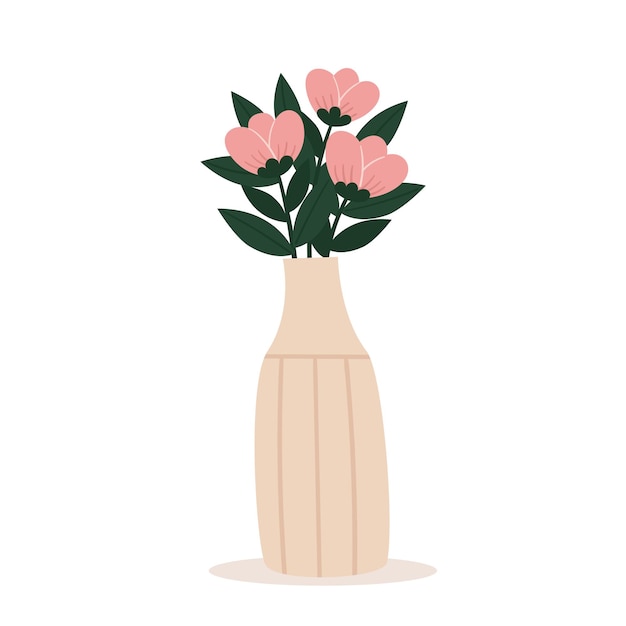 Hermoso jarrón con estilo con un ramo de flores. tarjeta de felicitación. día de la madre, día internacional de la mujer, cumpleaños. ilustración de vector plano de primavera aislado sobre fondo blanco.