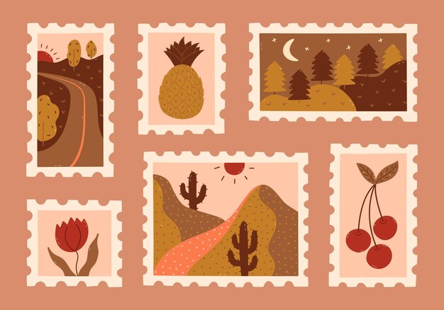 Un hermoso juego de dibujos animados de sello postal de sepia con un paisaje pintoresco de piña tulipana cereza