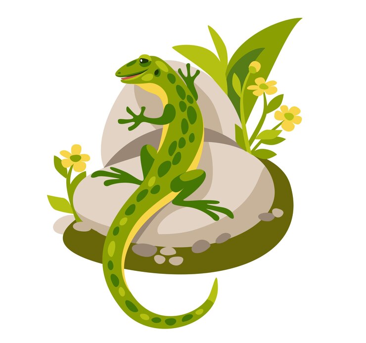Vector hermoso lagarto basilisco satisfecho yace en una piedra entre las flores