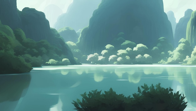 Vector hermoso lago rodeado de montañas y colinas paisaje detallado ilustración de pintura dibujada a mano