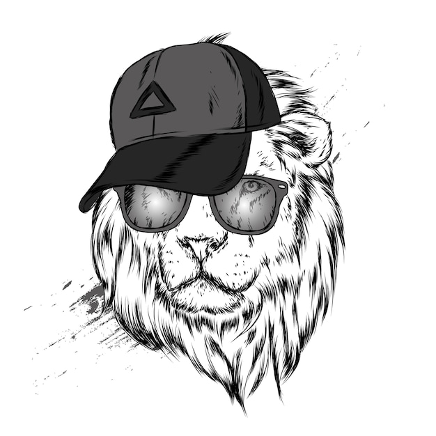 Hermoso león con gorra y gafas.