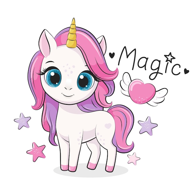 Hermoso lindo bebé unicornio con corazón Ilustración de vector de dibujos animados