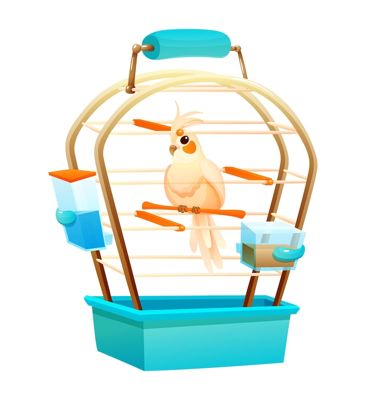Vector hermoso lindo loro dentro de una jaula aislada sobre fondo blanco