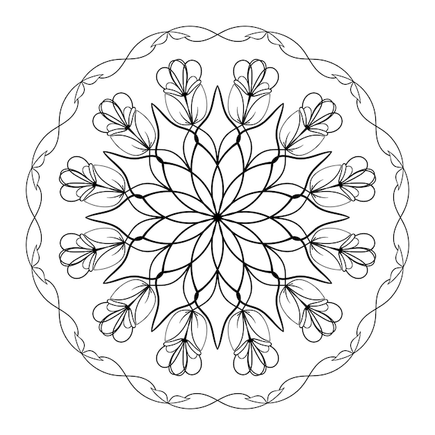 Hermoso mandala floral con flor central y flores florecientes alrededor del contorno de la página del libro de colorear