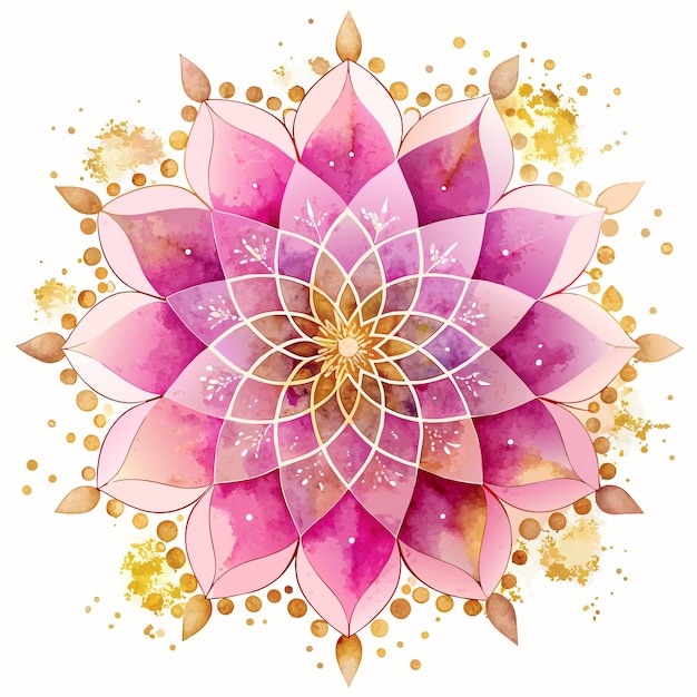 Un hermoso Mandala rosado con acentos dorados la flor está rodeada de oro y remolinos rosados que le dan una sensación de elegancia y gracia los acentos de oro añaden un toque de lujo