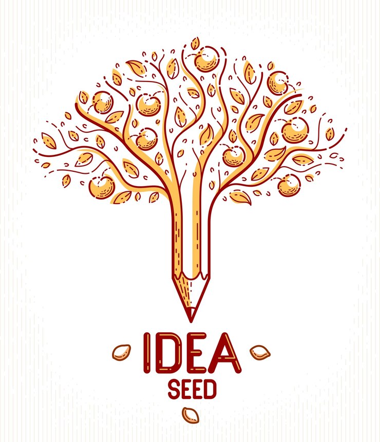 Vector hermoso manzano de frutas con lápiz combinado en un símbolo, concepto de semilla de idea vector logotipo o icono de estilo clásico. alegoría de la idea del virus de los pensamientos fuertes.
