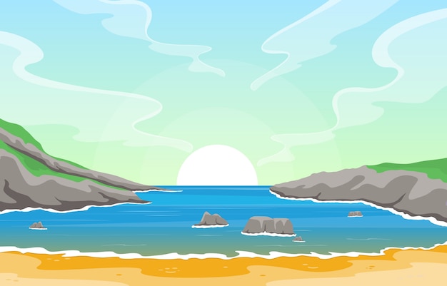 Hermoso mar panorama playa costa bahía océano paisaje ilustración