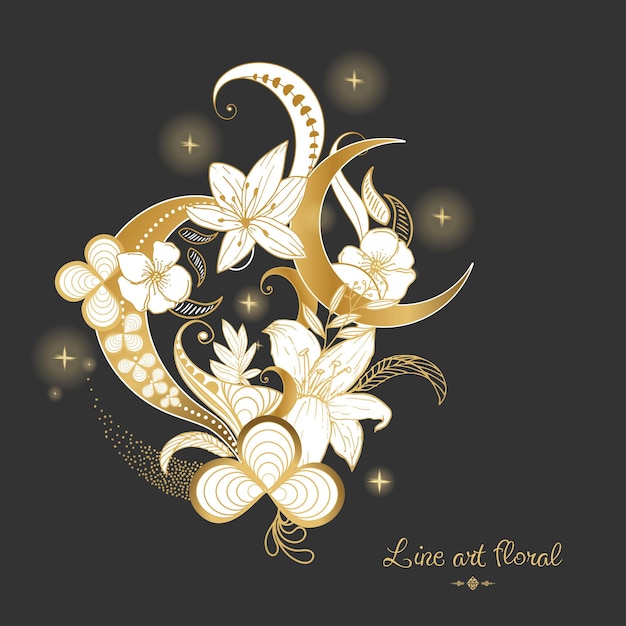 Vector hermoso marco de oro floral de arte de línea dibujado a mano
