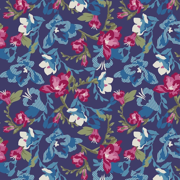 Hermoso motivo floral de orquídeas Flores de color azul y rojo entrelazadas en un patrón sin costuras