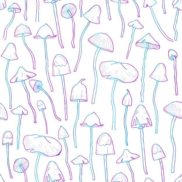 Hermoso no comestible, alucinógeno hongo de patrones sin fisuras. Dibujado a mano psilocybe. Ilustración colorida sobre fondo blanco.