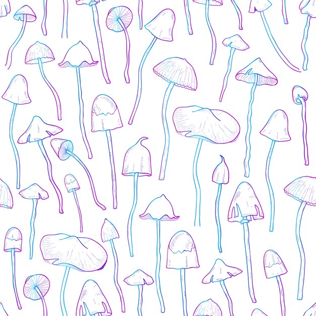 Hermoso no comestible, alucinógeno hongo de patrones sin fisuras. dibujado a mano psilocybe. ilustración colorida sobre fondo blanco.