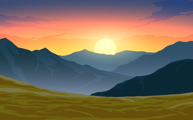 Vector hermoso paisaje al atardecer con cielo colorido de montaña