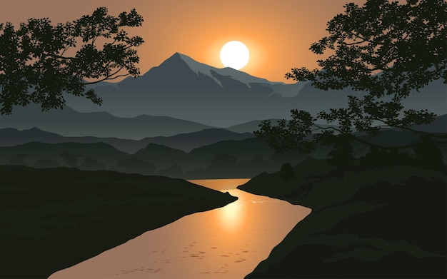 Vector hermoso paisaje al atardecer con montaña y río